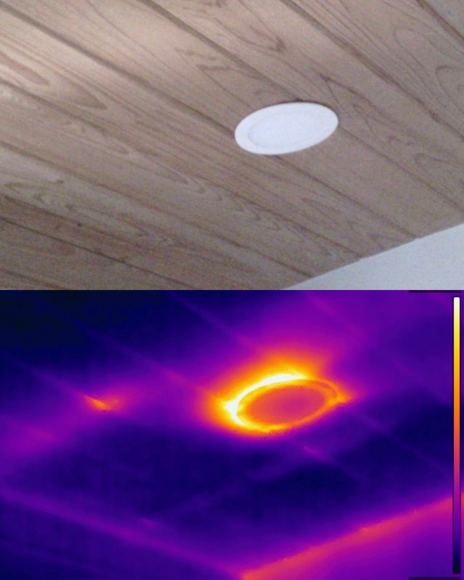 Hidden moisture intrusion detected above interior ceiling